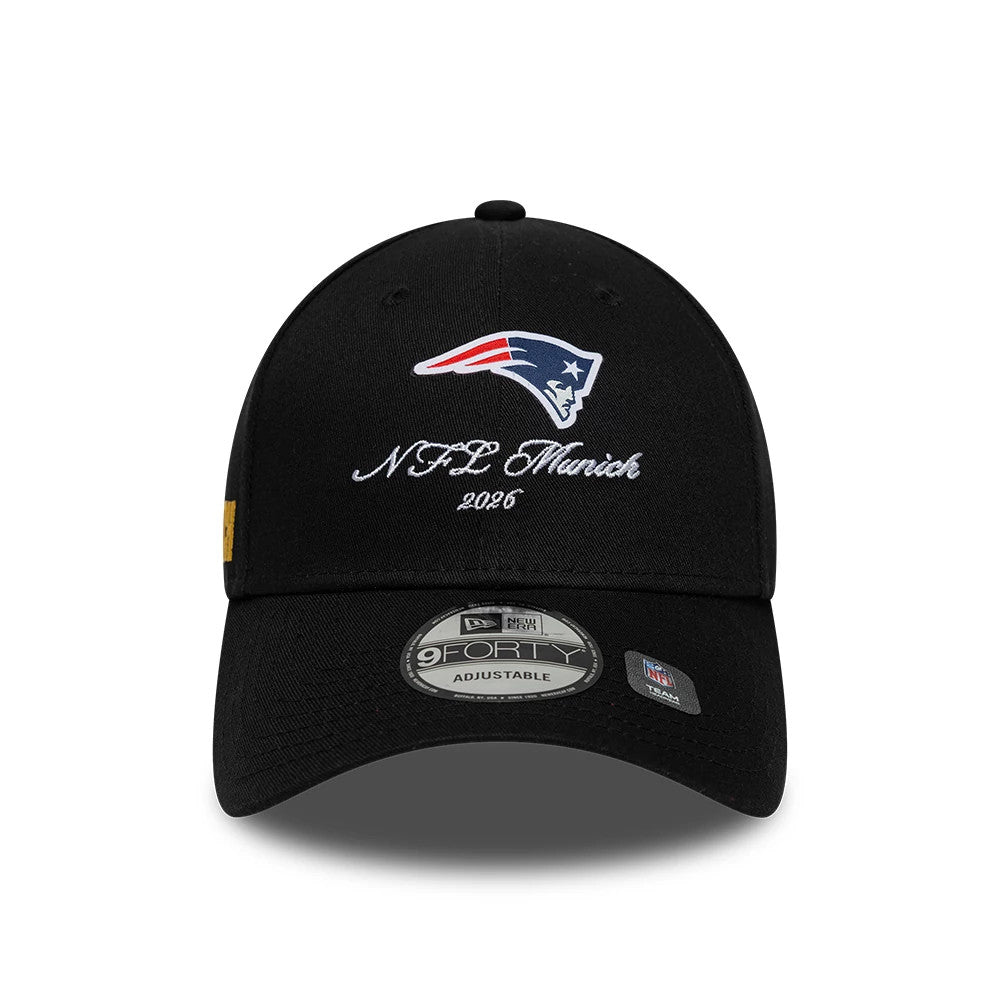 Pictured is this NFL International Games 2026 Munich New England Patriots 9FORTY cap in black. 3