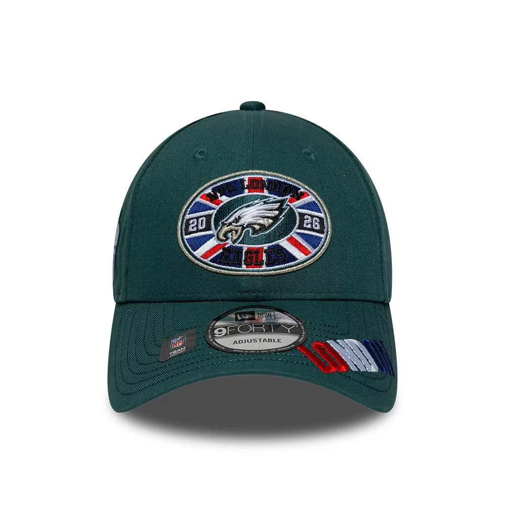 Philadelphia Eagles NFL International Games 2026 London Dark Green New Era 9FORTY Adjustable Cap, front view showing an embroidered oval logo with London and Eagles imagery on the front panel.