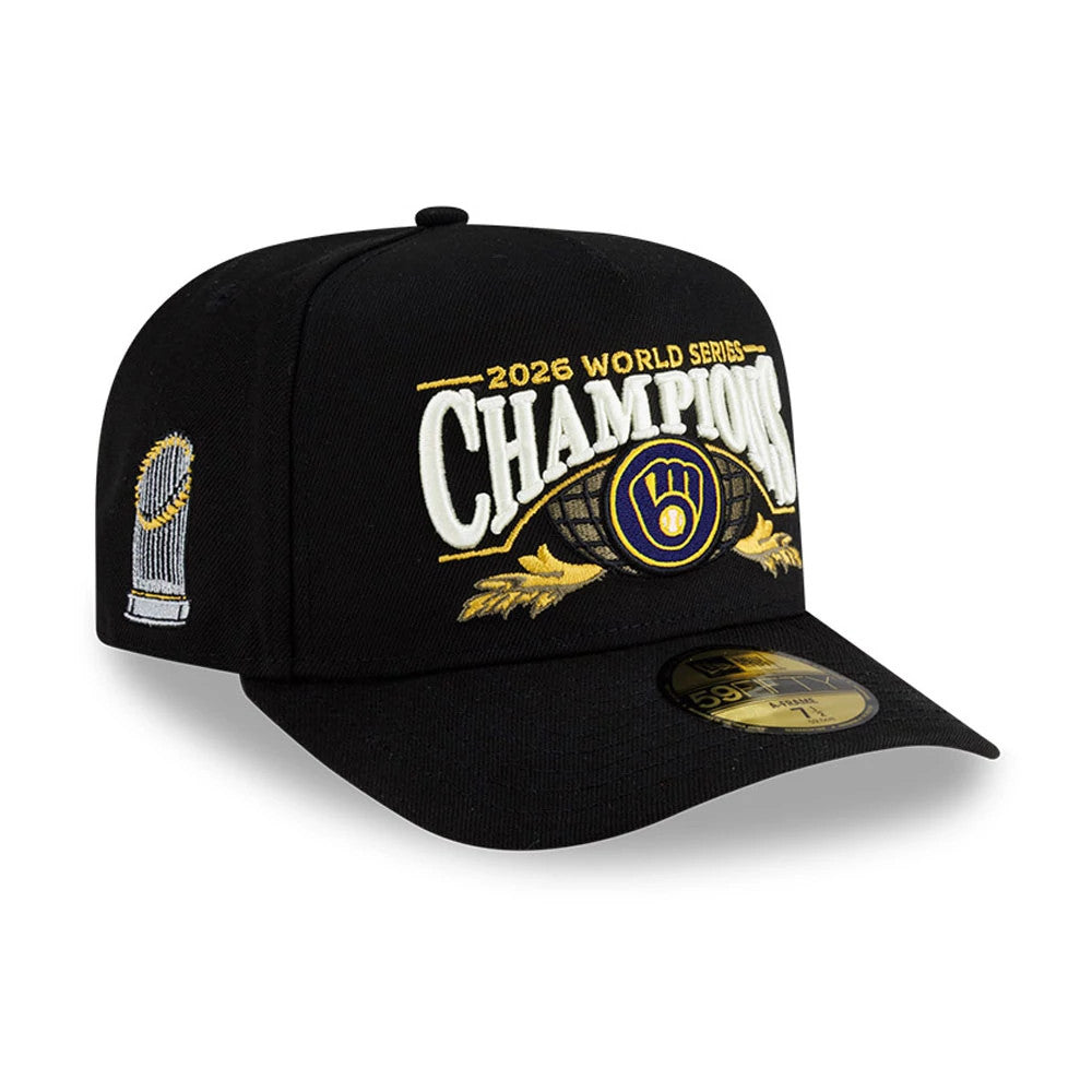 Pictured is this Milwaukee Brewers MLB World Series Champions 2026 Black 59FIFTY A-Frame Fitted adjustable cap. 1