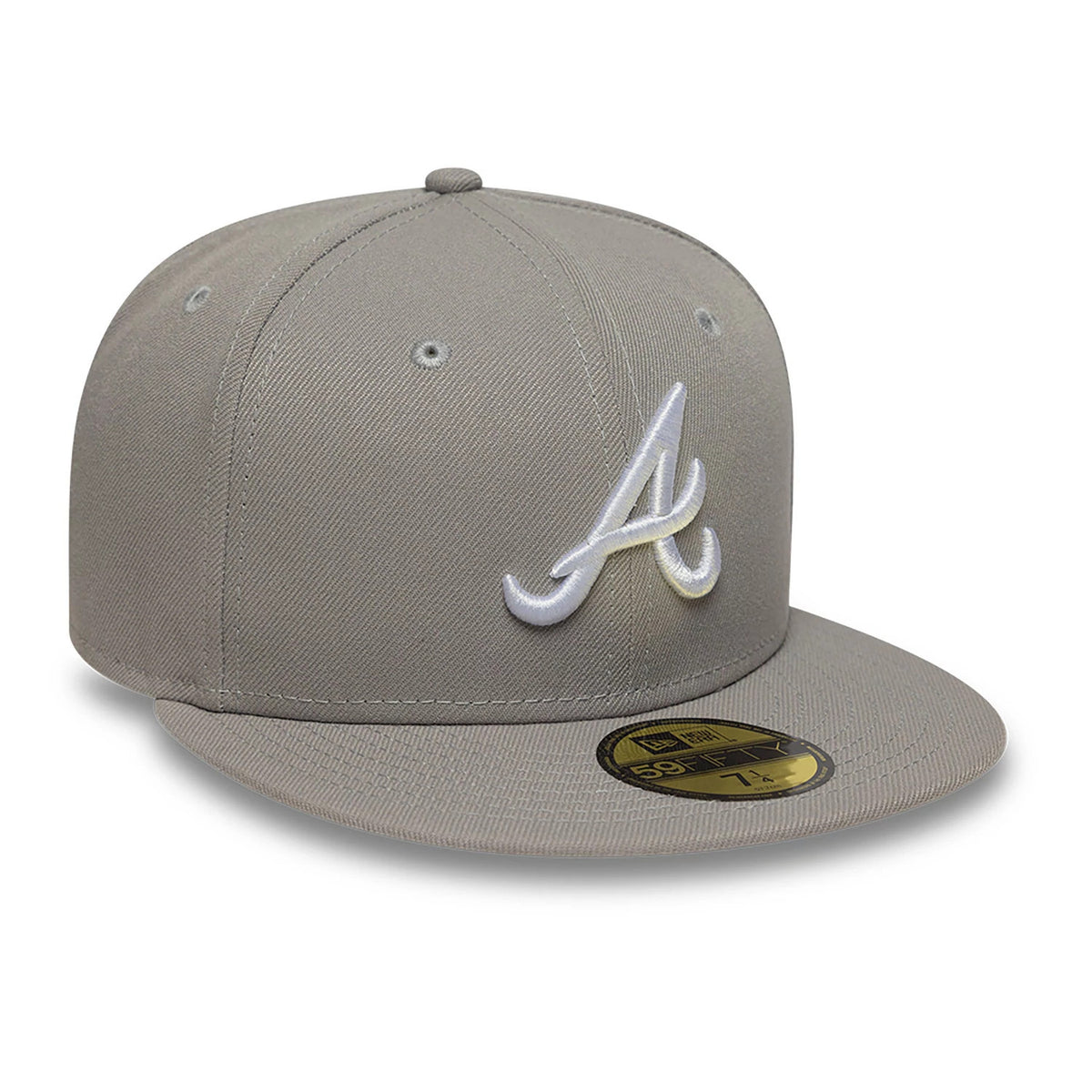 Atlanta Braves Essential Pack Grey New Era 59FIFTY Fitted Cap, three-quarter view showing the raised white embroidered A logo on the structured grey front panels, with a flat grey visor and gold 59FIFTY size sticker on the top.