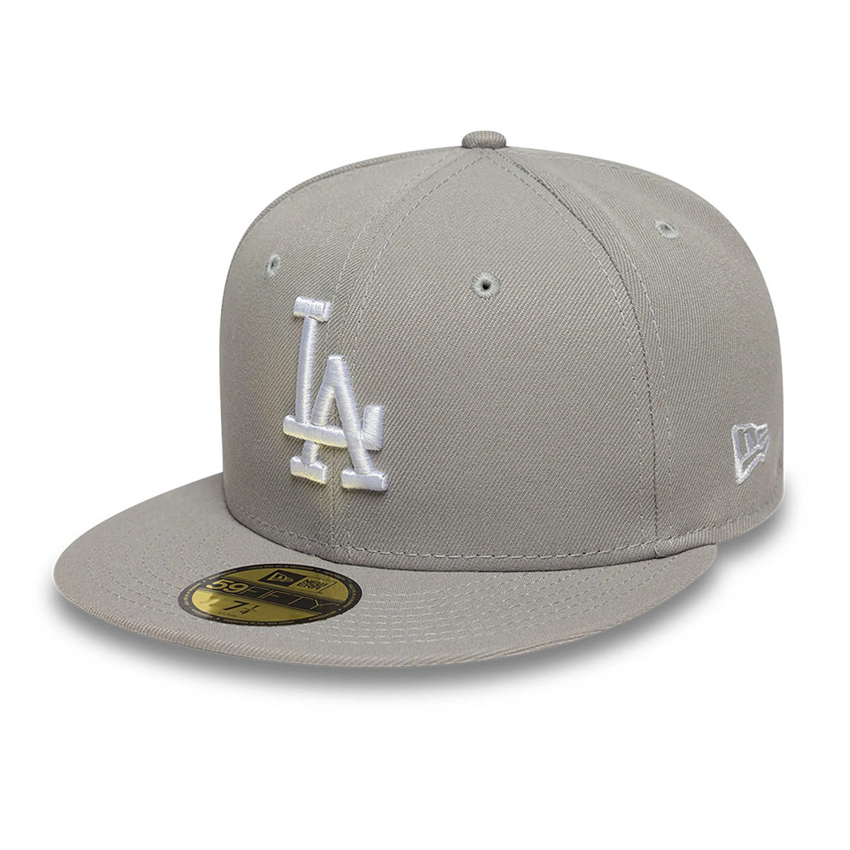 LA Dodgers Essential Pack Grey New Era 59FIFTY Fitted Cap, three-quarter view showing the raised white LA logo embroidered on the grey front panel, complemented by a gold 59FIFTY size sticker on the flat visor.