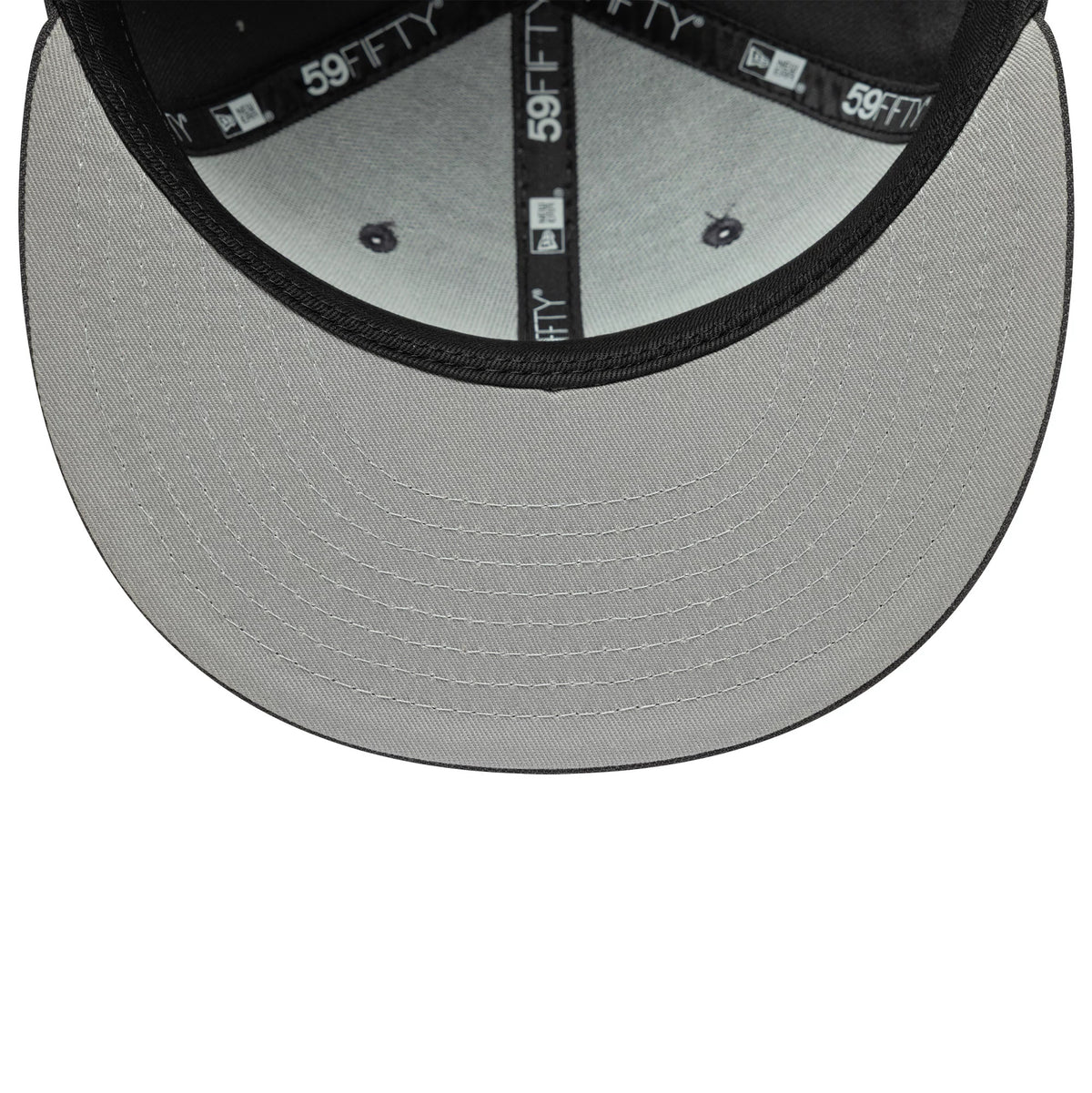 New Era Grey 59FIFTY Fitted Cap, inside view showing the grey undervisor and black interior taping featuring multiple 59FIFTY logos, with the inner eyelets against the lightly textured grey fabric of the sweatband and crown.