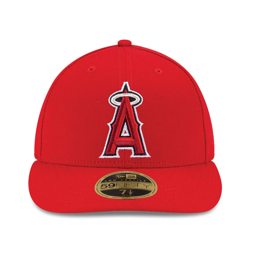 LA Angels Authentic Collection Red New Era Low Profile 59FIFTY Fitted Cap, front view showing a large white and black embroidered A logo with a halo on the structured red crown, a matching red visor, and a gold 59FIFTY size sticker.