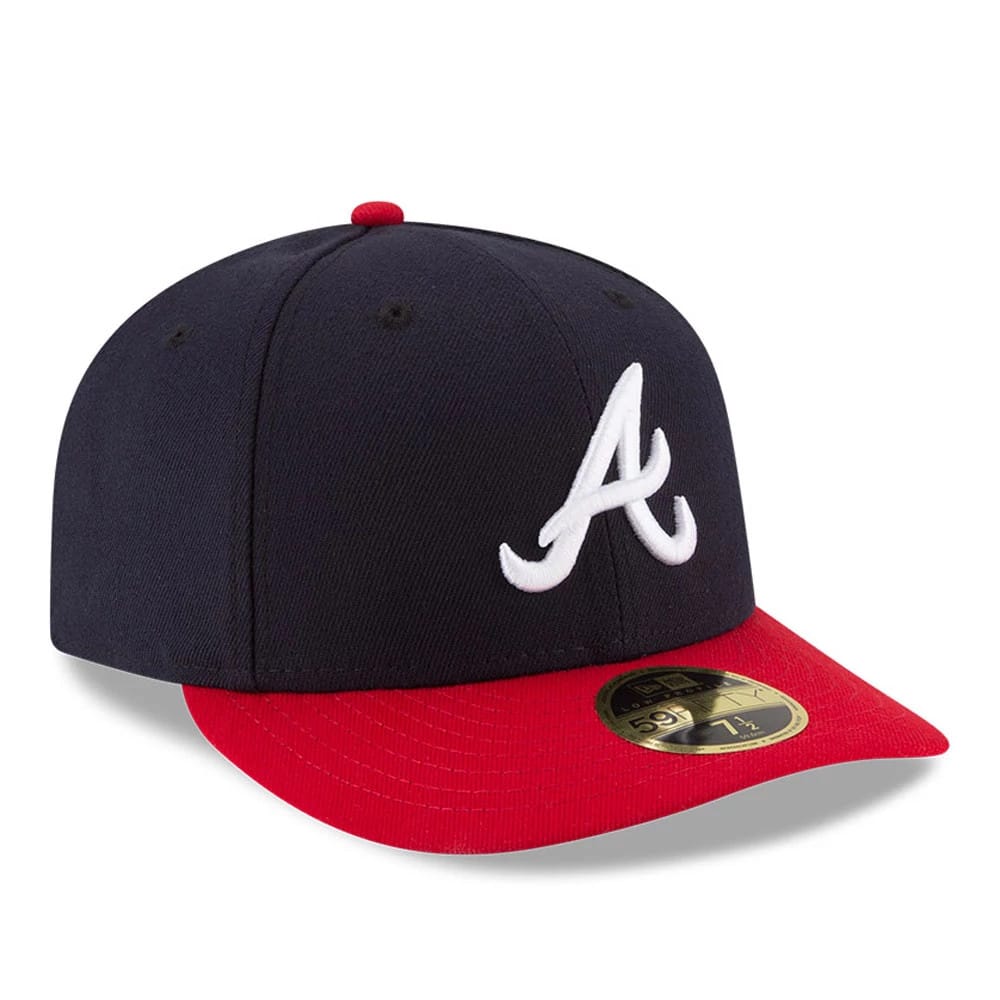 Atlanta Braves Authentic Collection Low Profile New Era 59FIFTY, three-quarter view showing a white raised embroidered A logo on the front panel, a red curved visor with a gold 59FIFTY size sticker, and a matching red top button.