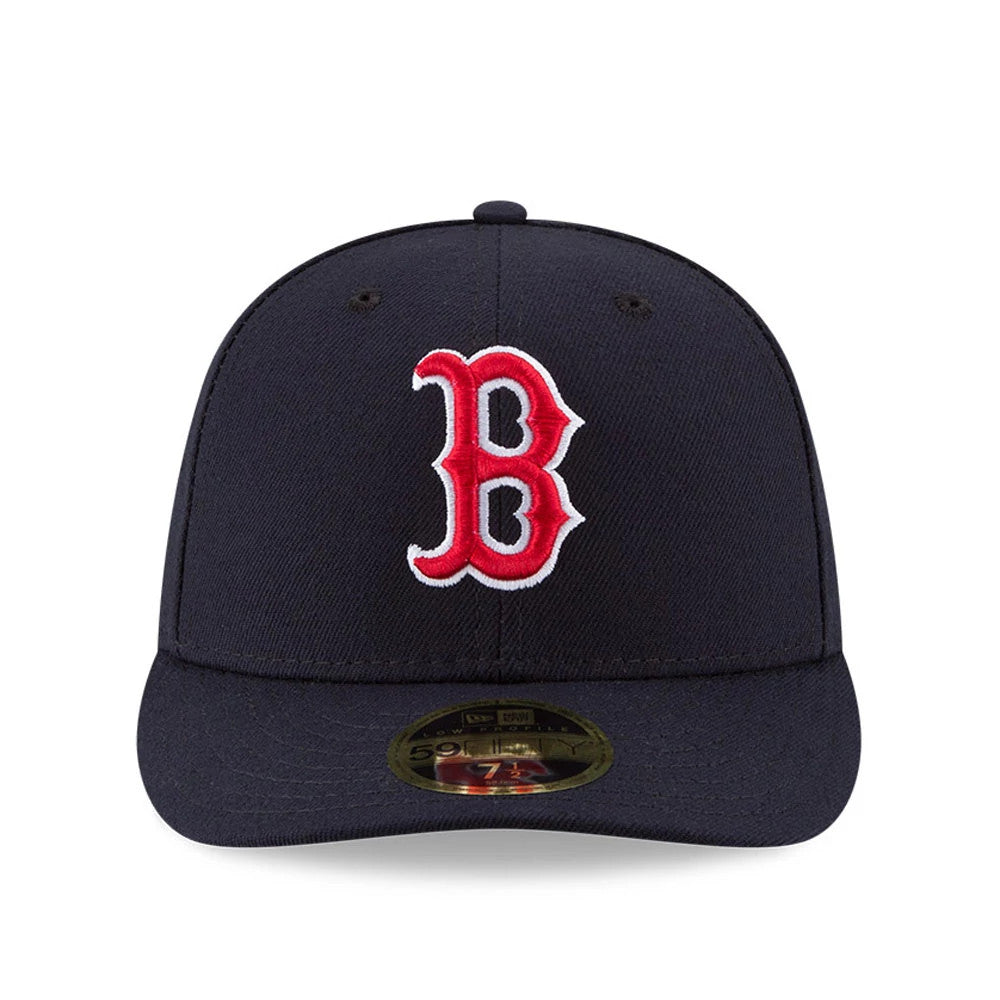 Boston Red Sox Authentic Collection Low Profile New Era 59FIFTY, front view showing the red and white embroidered B logo on the navy structured crown, with a curved visor and gold 59FIFTY size sticker prominently displayed on the visor.