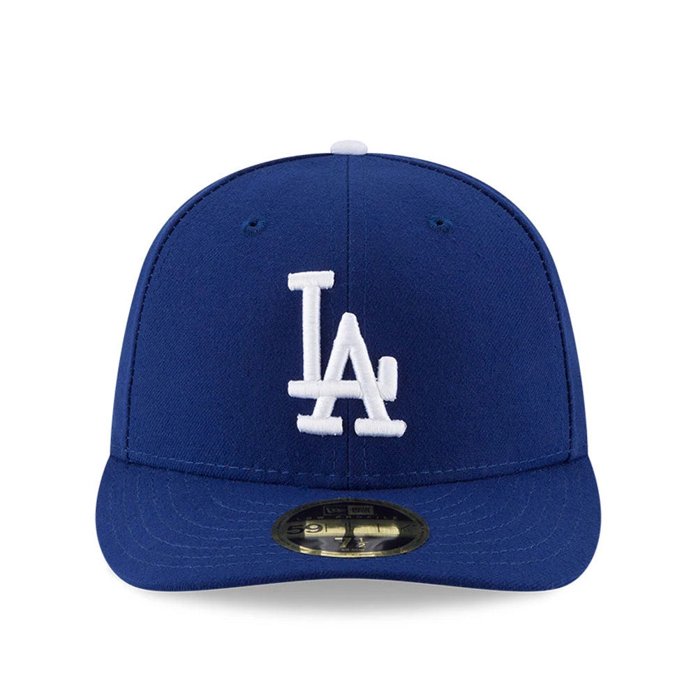 LA Dodgers Authentic Collection New Era 59FIFTY Low Profile Cap, front view showing the raised embroidered white LA logo on the structured blue crown, complemented by a flat blue visor with a gold 59FIFTY size sticker in the centre.