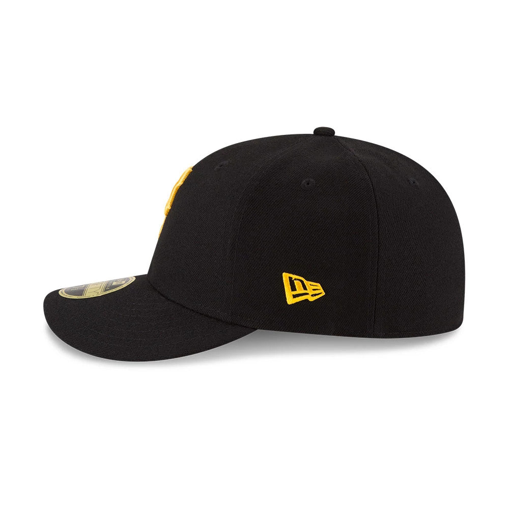 Pittsburgh Pirates Authentic Collection Black Low Profile New Era 59FIFTY Fitted Cap, side view showing the yellow embroidered New Era flag logo on the left side of the structured black crown, slightly curved black visor with a 59FIFTY size sticker.