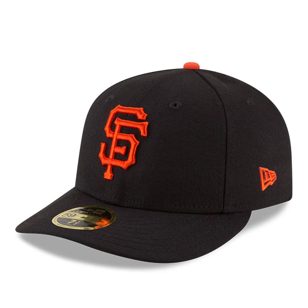 San Francisco Giants Authentic Collection Low Profile New Era 59FIFTY, three-quarter view showing the raised orange embroidered SF logo on the black front panel, with a matching orange New Era flag logo on the left side.