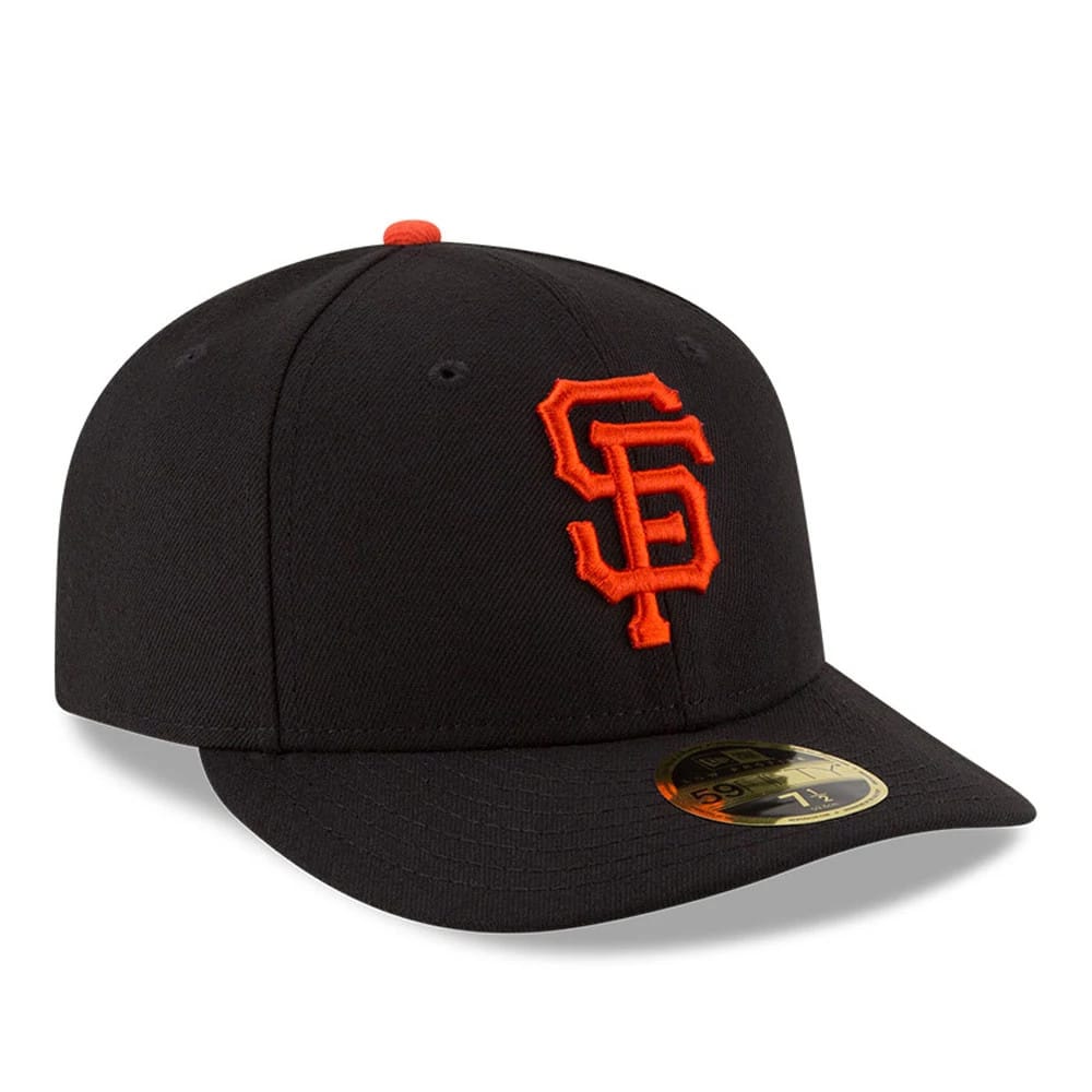 San Francisco Giants Authentic Collection Low Profile New Era 59FIFTY, three-quarter view showing the raised orange SF logo embroidered on the front panel, a black curved visor with a gold 59FIFTY size sticker, and matching orange top button.