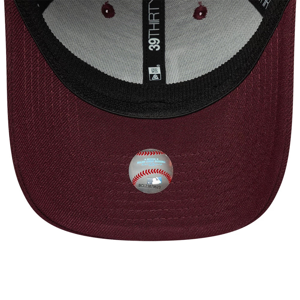 LA Dodgers MLB Dark Purple New Era 39THIRTY Stretch Fit Cap, inside view showing the black sweatband with New Era branding, grey taping with 39THIRTY text, and a dark purple fabric undervisor with an MLB holographic sticker.