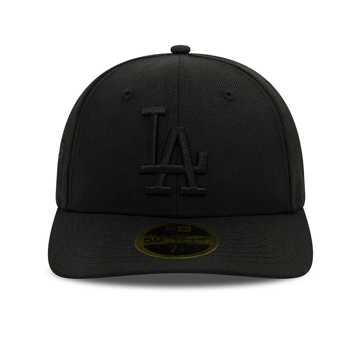 LA Dodgers MLB Black Low Profile New Era 59FIFTY Fitted Cap, front view showing the raised black LA logo embroidery on the front panel, black curved visor, and a gold 59FIFTY size sticker centred near the edge of the visor.