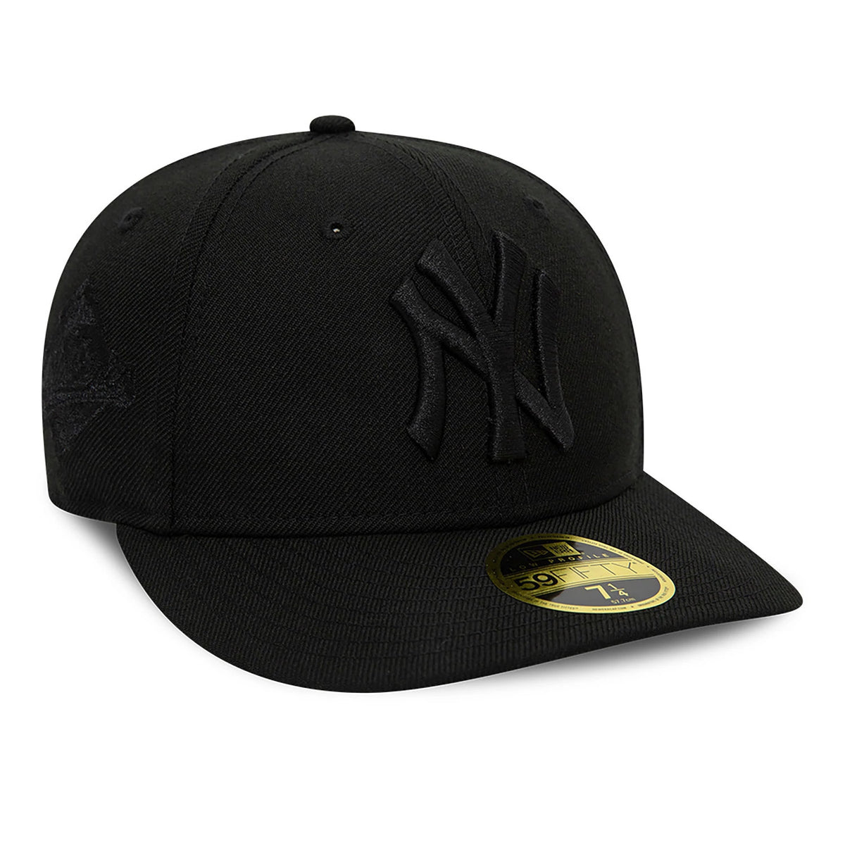New York Yankees MLB Black Low Profile New Era 59FIFTY Fitted Cap, three-quarter view showing the black raised embroidered NY logo on the front panel, a matching black embroidered side logo, and a gold 59FIFTY size sticker on the flat visor.