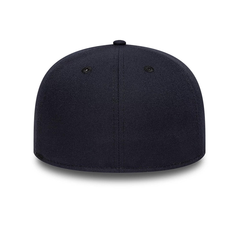 New Era Navy 59FIFTY Fitted Cap, rear view showing a structured crown with a minimalistic design, featuring embroidered eyelets, a matching navy top button and no additional back logos.