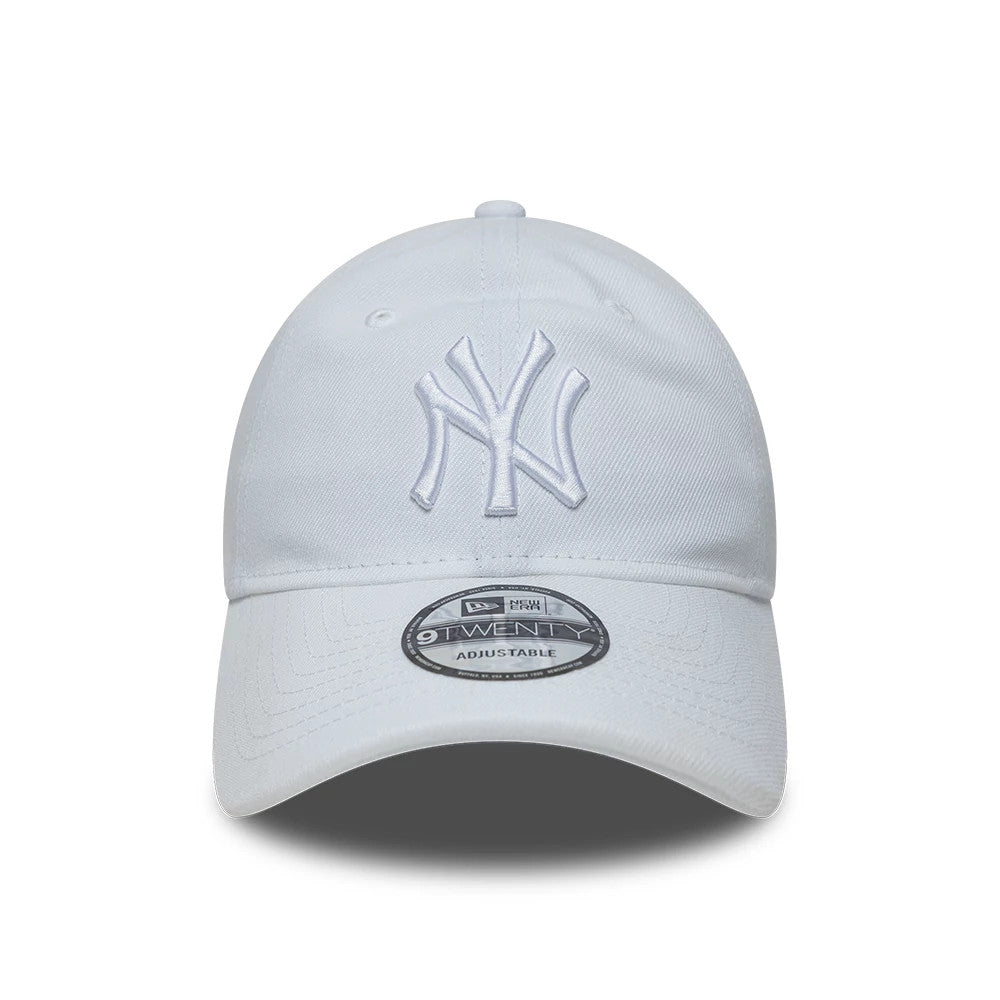 New York Yankees MLB White New Era 9TWENTY Adjustable Cap, front view showing the white raised embroidered NY logo on the front panel, curved white visor with a 9TWENTY size sticker, and matching top button and eyelets.