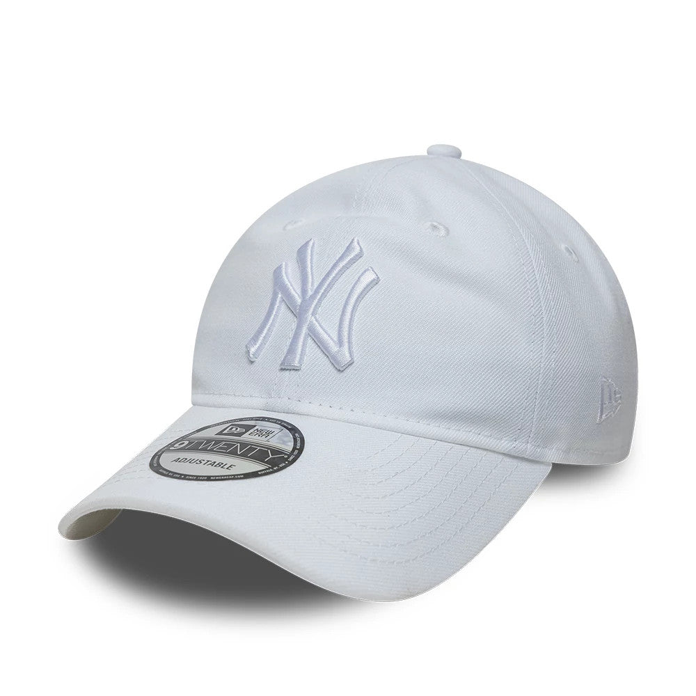 New York Yankees MLB White New Era 9TWENTY Adjustable Cap, front view showing a white raised embroidered NY logo on the structured white crown, with a curved visor featuring a 9TWENTY size sticker and the New Era flag logo on the left side.