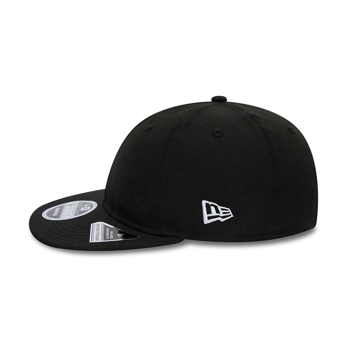 Blank New Era Black Retro Crown 9FIFTY Snapback Cap, three-quarter view showing the white embroidered New Era flag logo on the left side, a flat black visor with a 9FIFTY size sticker, and a structured black crown with eyelets.