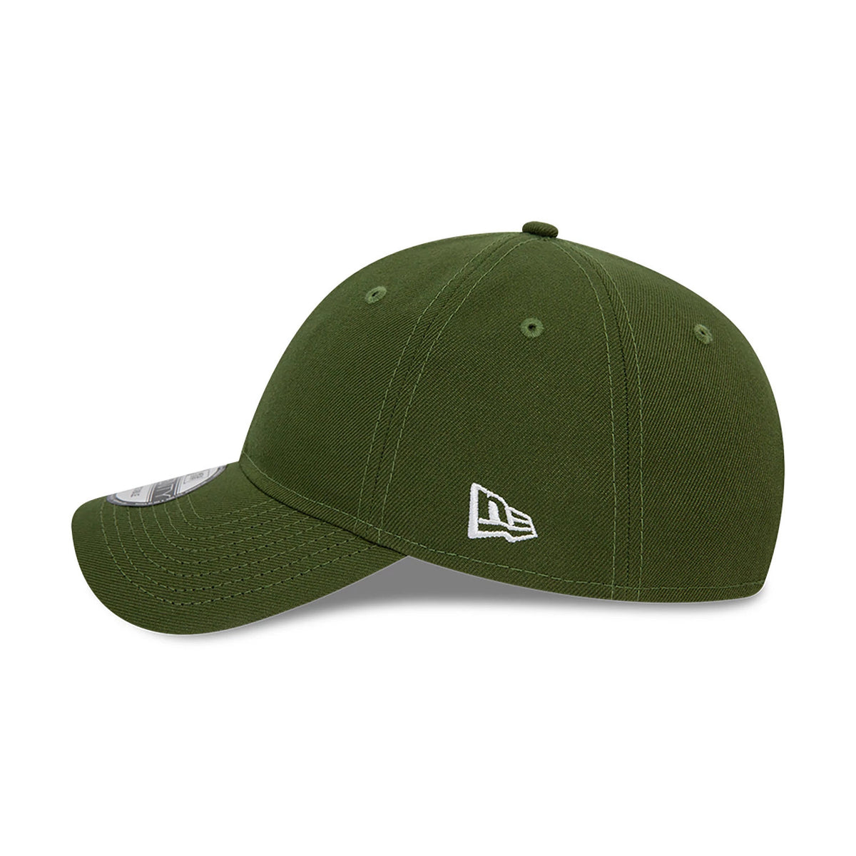 New Era Blank Dark Green 9TWENTY Adjustable Cap, side view showing the white embroidered New Era flag logo on the left side, with a curved visor and a 9TWENTY size sticker on the dark green fabric.