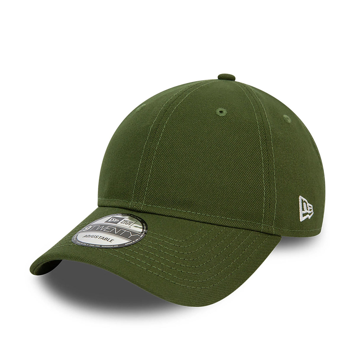 New Era Blank Dark Green 9TWENTY Adjustable Cap, three-quarter view showing a curved visor with contrasting black and silver 9TWENTY size sticker, white embroidered New Era flag logo on the left side, and eyelets on the structured crown.