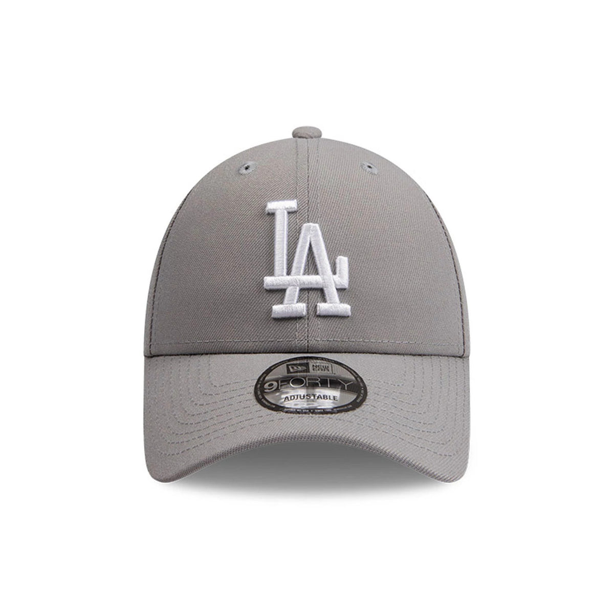 LA Dodgers Essential Pack Grey New Era 9FORTY Snapback Adjustable Cap, front view showing a white raised embroidered LA logo centred on the structured grey crown, with a 9FORTY size sticker placed on the slightly curved visor.