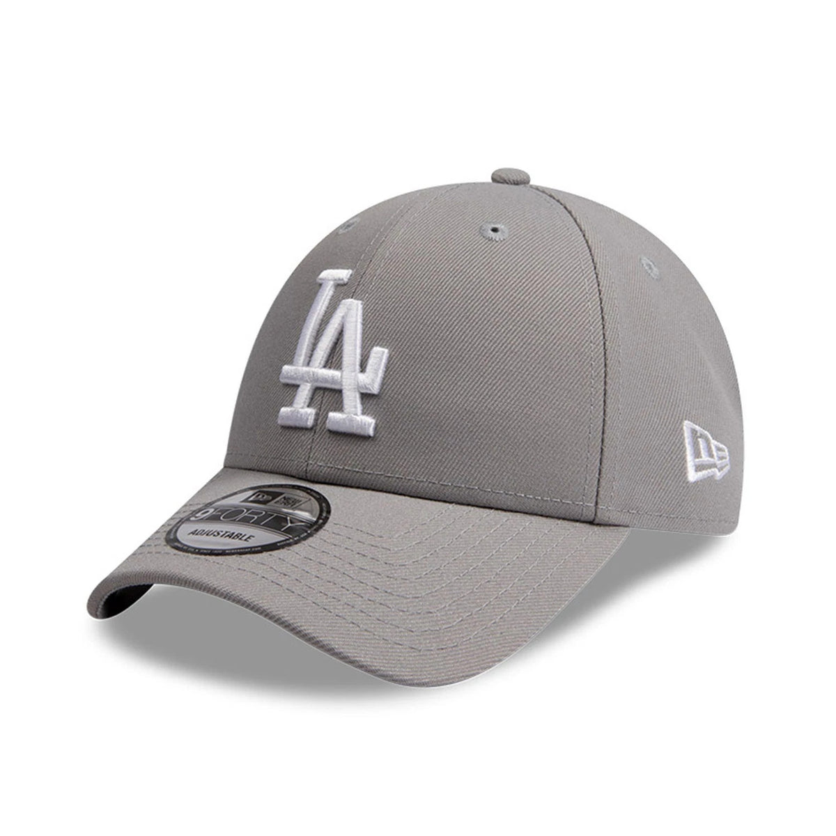 LA Dodgers Essential Pack Grey New Era 9FORTY Snapback Adjustable Cap, three-quarter view showing the raised white embroidered LA logo on the front panel, grey curved visor with a 9FORTY size sticker, and New Era flag logo on the left side.