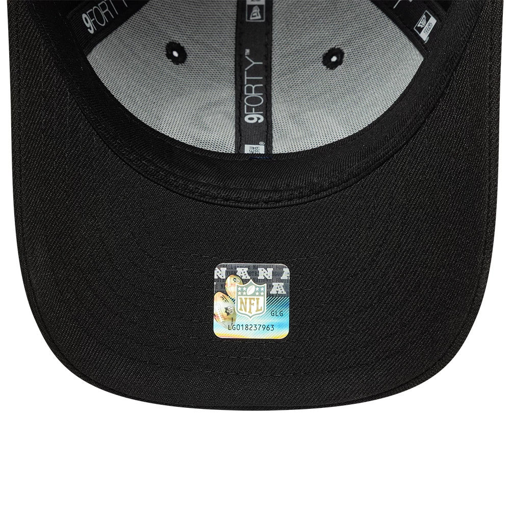 LA Rams NFL Black New Era 9FORTY Adjustable Cap, inside view showing the grey undervisor, black sweatband with New Era branding, and black interior taping with printed 9FORTY logos along the crown panels.