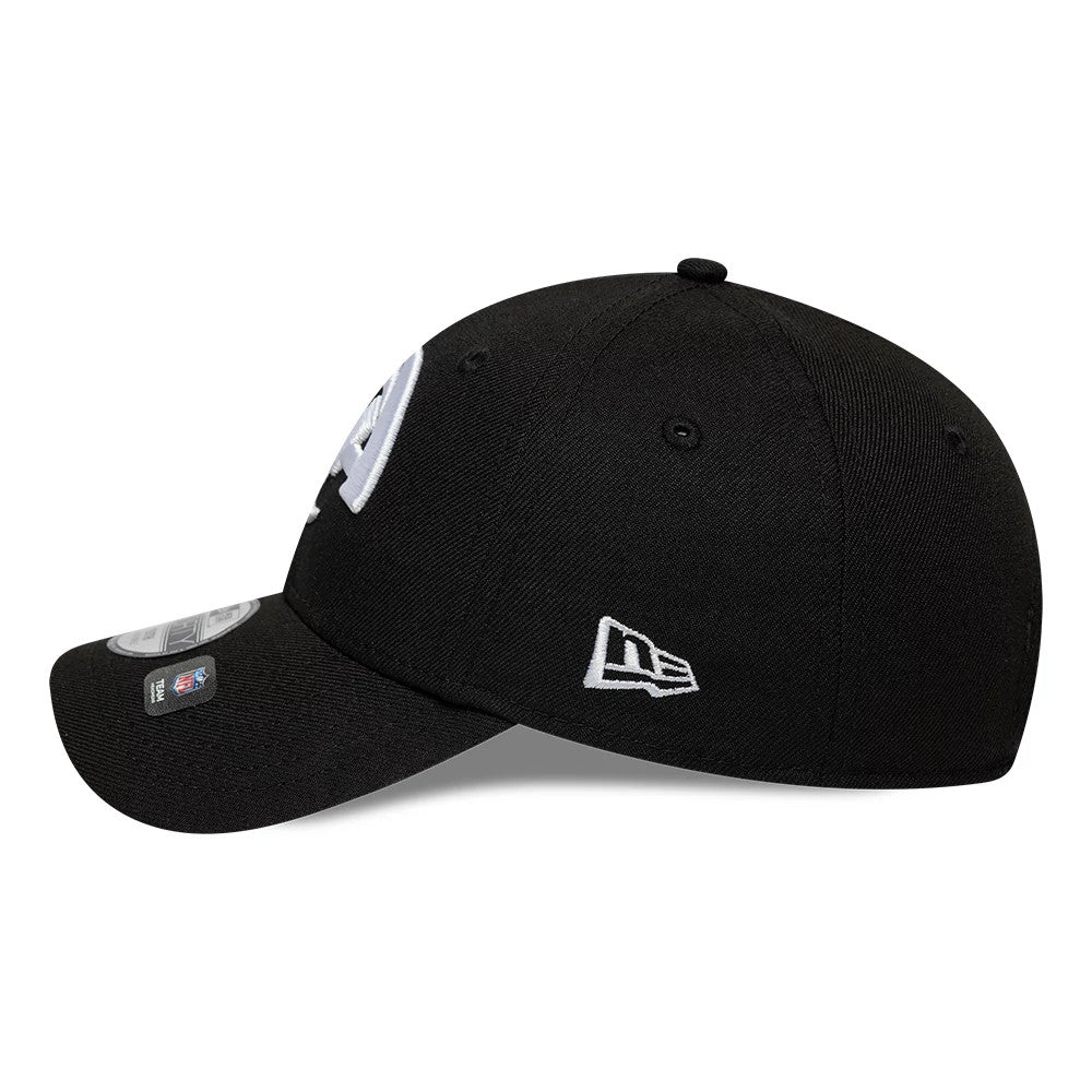 LA Rams NFL Black New Era 9FORTY Adjustable Cap, side view showing the white New Era flag logo embroidered on the left side, a structured black crown with embroidered eyelets, and a curved black visor with a 9FORTY size sticker.