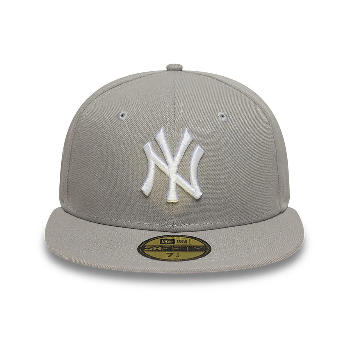 New York Yankees Essential Pack Sidepatch Grey New Era 59FIFTY Fitted Cap, front view showing the raised embroidered white NY logo on the structured grey crown, flat grey visor with a gold 59FIFTY size sticker, and embroidered eyelets for detail.