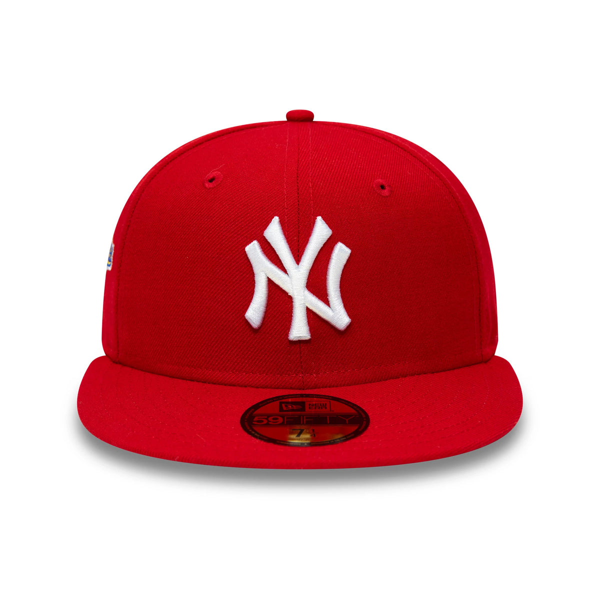 New York Yankees MLB World Series 1996 Red New Era 59FIFTY Fitted Cap, front view showing the raised white NY logo embroidered on the structured red crown, red flat visor, and a gold 59FIFTY size sticker on the visor.