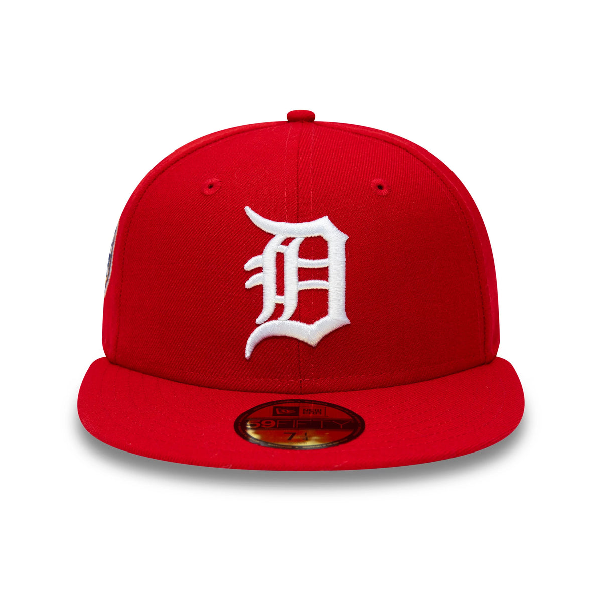 Detroit Tigers MLB World Series 1968 Red New Era 59FIFTY Fitted Cap, front view showing the white embroidered D logo on the structured red crown, with a matching flat visor and a gold 59FIFTY size sticker on the bill.