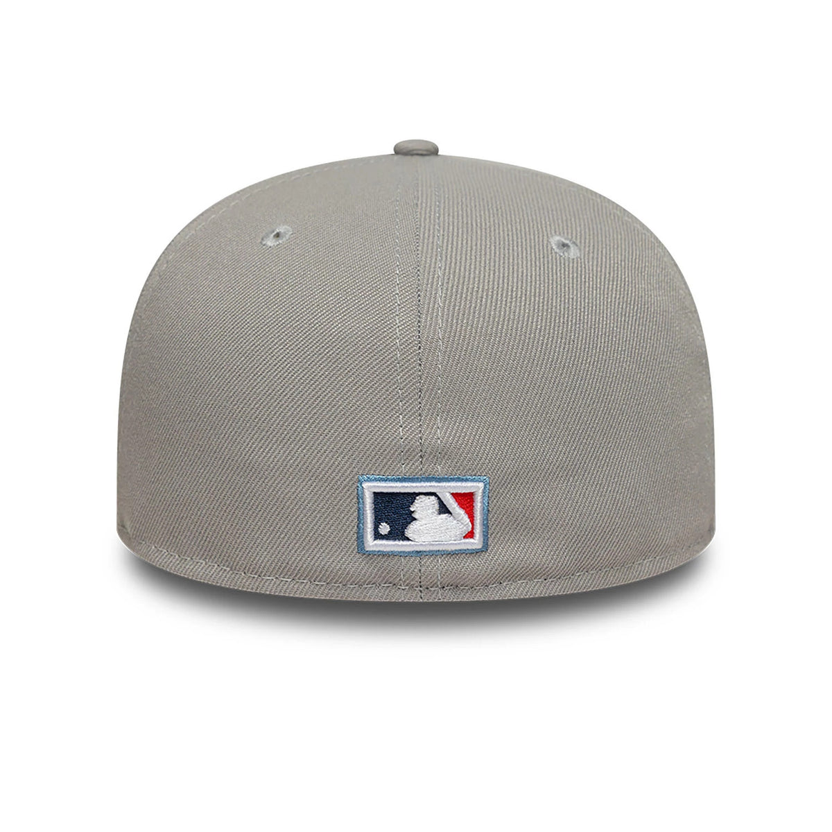 New York Yankees Essential Pack Grey & Blue New Era 59FIFTY Fitted Cap, rear view showing the embroidered MLB Batterman logo at the centre back, with white eyelets evenly spaced and a grey top button on the structured grey crown.