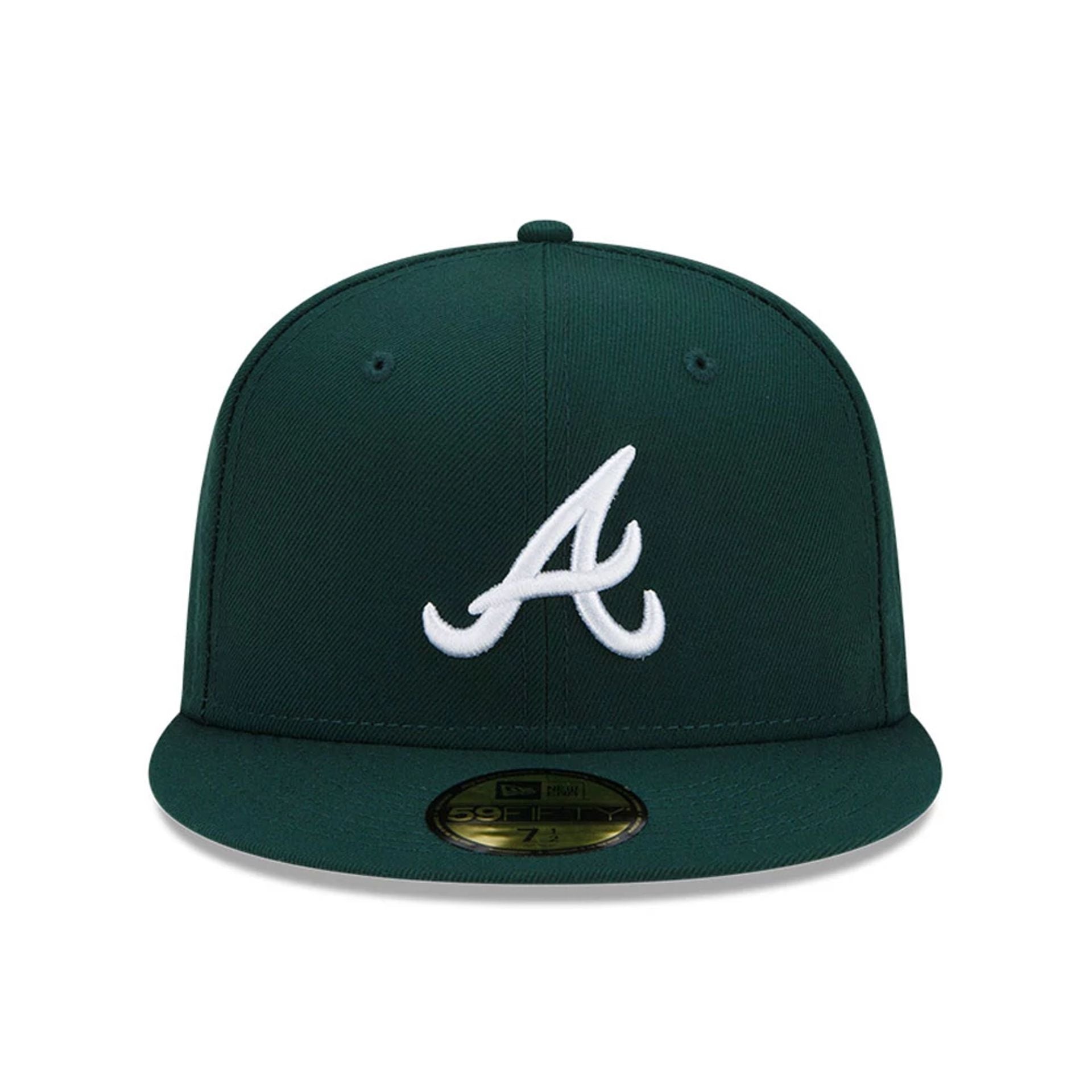 Pictured is this MLB Atlanta Braves 59FIFTY Fitted cap in dark green. 2