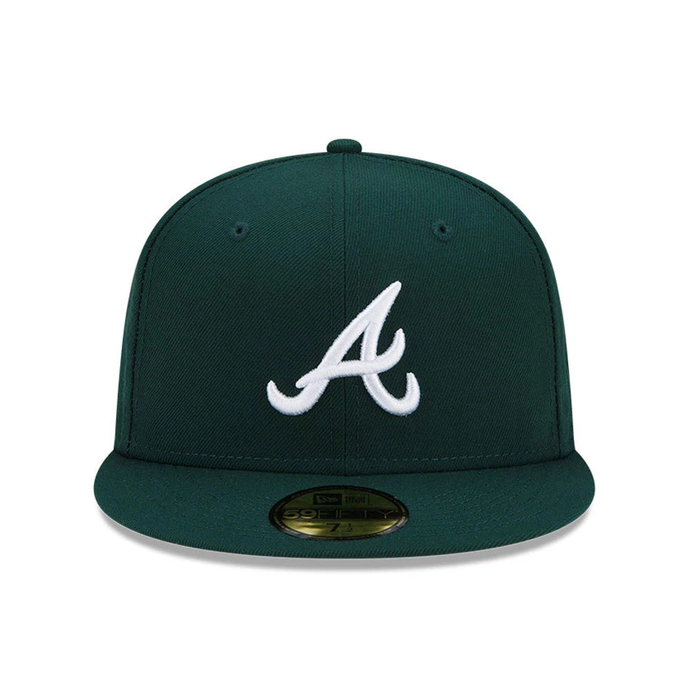 Pictured is this MLB Atlanta Braves 59FIFTY Fitted cap in dark green. 2