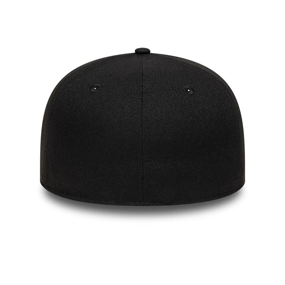 New Era Black 59FIFTY Fitted Cap, rear view showing the absence of the MLB Batterman logo, an unbroken structured black crown with two black embroidered eyelets, and a matching top button, completing its and minimalist design.