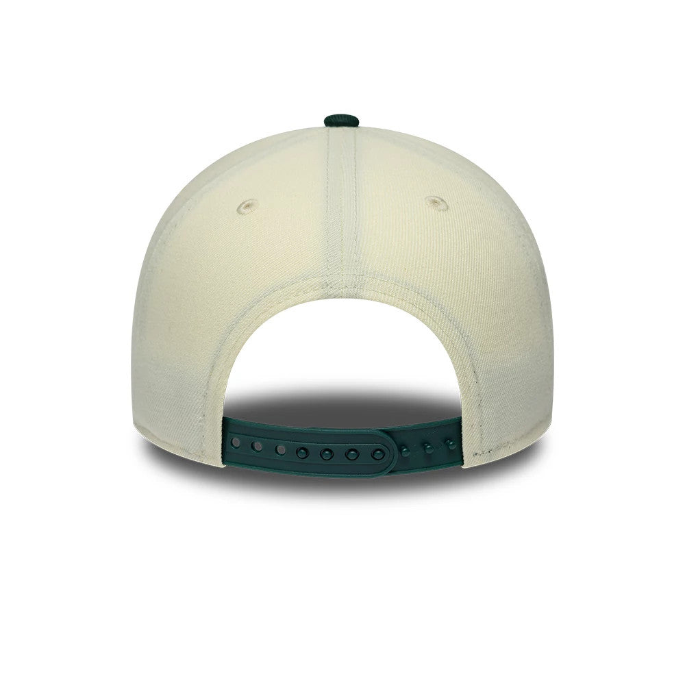Athletics MLB Cooperstown White & Green New Era 9FORTY A-Frame Cap, rear view showing the white structured crown with two eyelets on each back panel, a dark green adjustable strap, and no logo at the centre back.