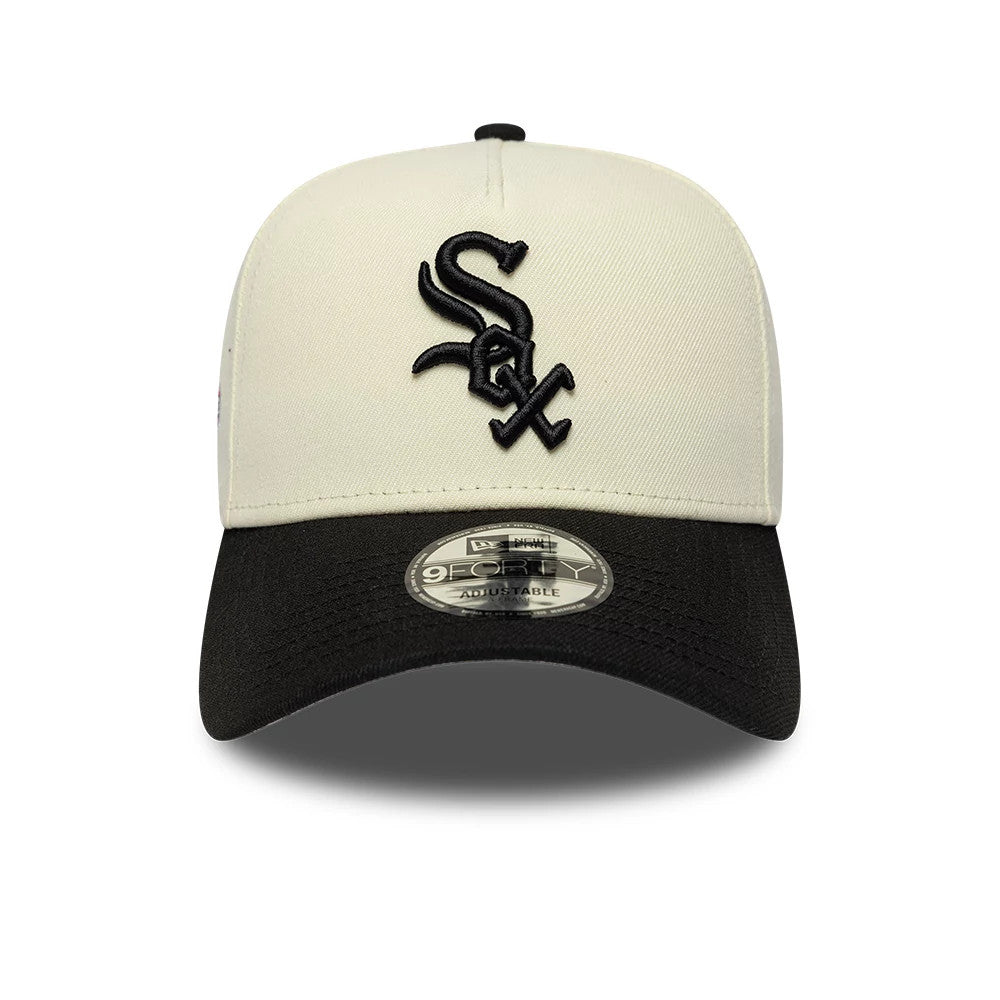 Chicago White Sox MLB Cooperstown White & Black New Era 9FORTY A-Frame Cap, front view showing the raised black team logo embroidered on white front panels, with a contrasting black curved visor and 9FORTY size sticker at the centre.