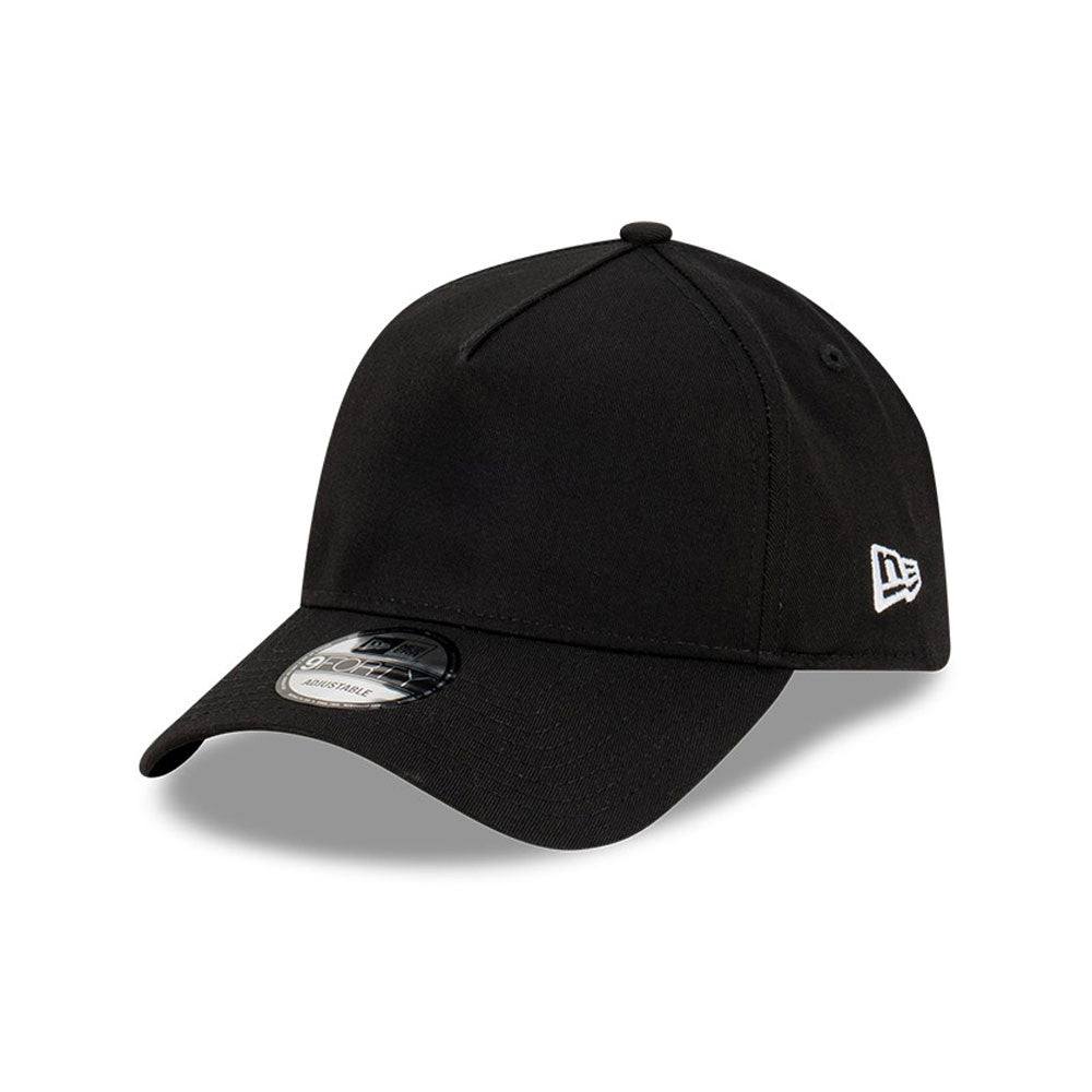 New Era Black A-Frame 9FORTY Adjustable Cap, three-quarter view showing a black visor with a 9FORTY size sticker, black structured crown, and the white embroidered New Era flag logo on the left side panel.