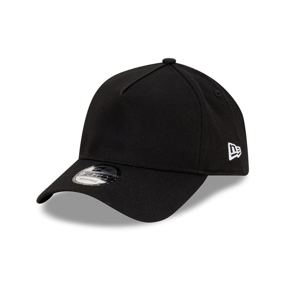 New Era Black A-Frame 9FORTY Adjustable Cap, three-quarter view showing a black visor with a 9FORTY size sticker, black structured crown, and the white embroidered New Era flag logo on the left side panel.