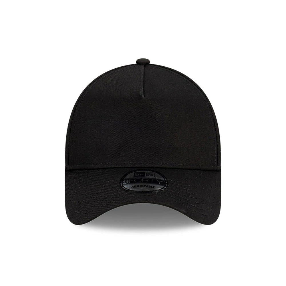 New Era Black A-Frame 9FORTY Adjustable Cap, front view showing a seamless black front panel, a curved black visor, and a black 9FORTY size sticker centrally placed on the visor below the structured crown.