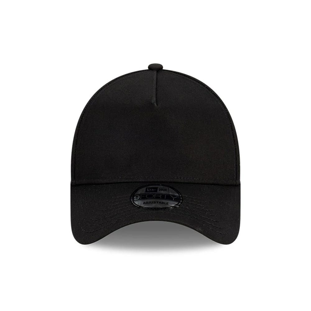 New Era Black A-Frame 9FORTY Adjustable Cap, front view showing a seamless black front panel, a curved black visor, and a black 9FORTY size sticker centrally placed on the visor below the structured crown.