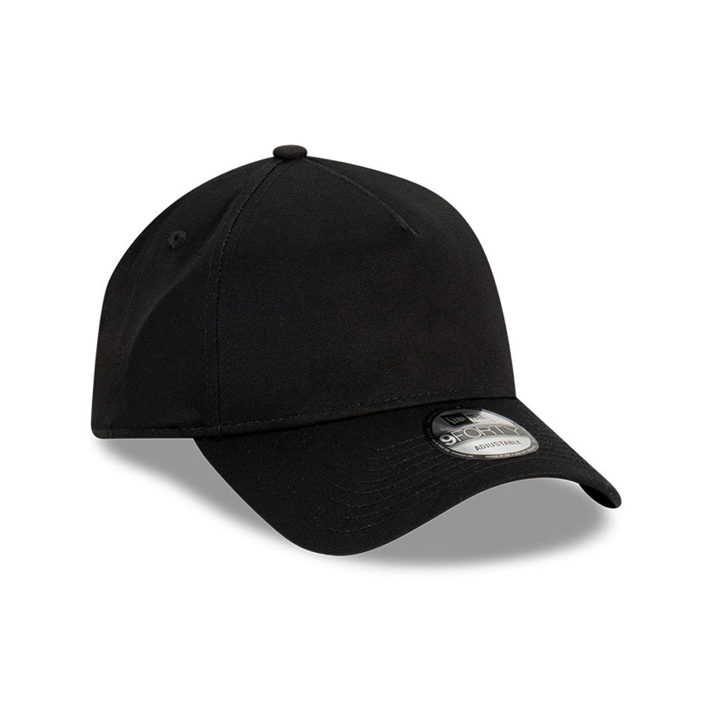 New Era Black A-Frame 9FORTY Adjustable Cap, three-quarter view showing a curved black visor with a 9FORTY size sticker, a structured black crown with matching eyelets, and a top button for added detail.