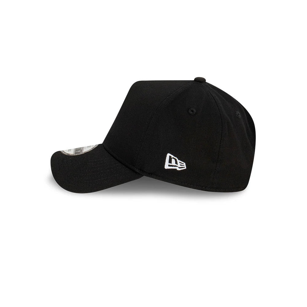 New Era Black A-Frame 9FORTY Adjustable Cap, side view showing the white embroidered New Era flag logo on the left side, a curved black visor, and a structured crown with eyelets and top button.