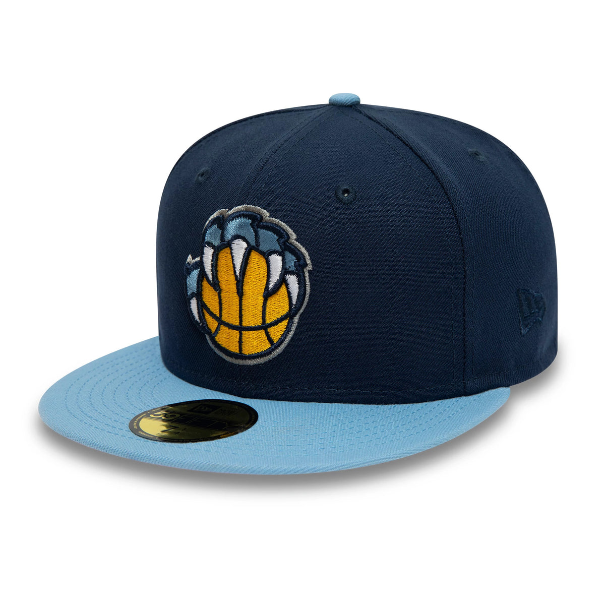 Memphis Grizzlies NBA Side Patch Dark Blue New Era 59FIFTY Fitted Cap, three-quarter view showing the large yellow and blue grizzly bear claw logo in raised embroidery on the dark blue front panel, with a light blue flat visor.