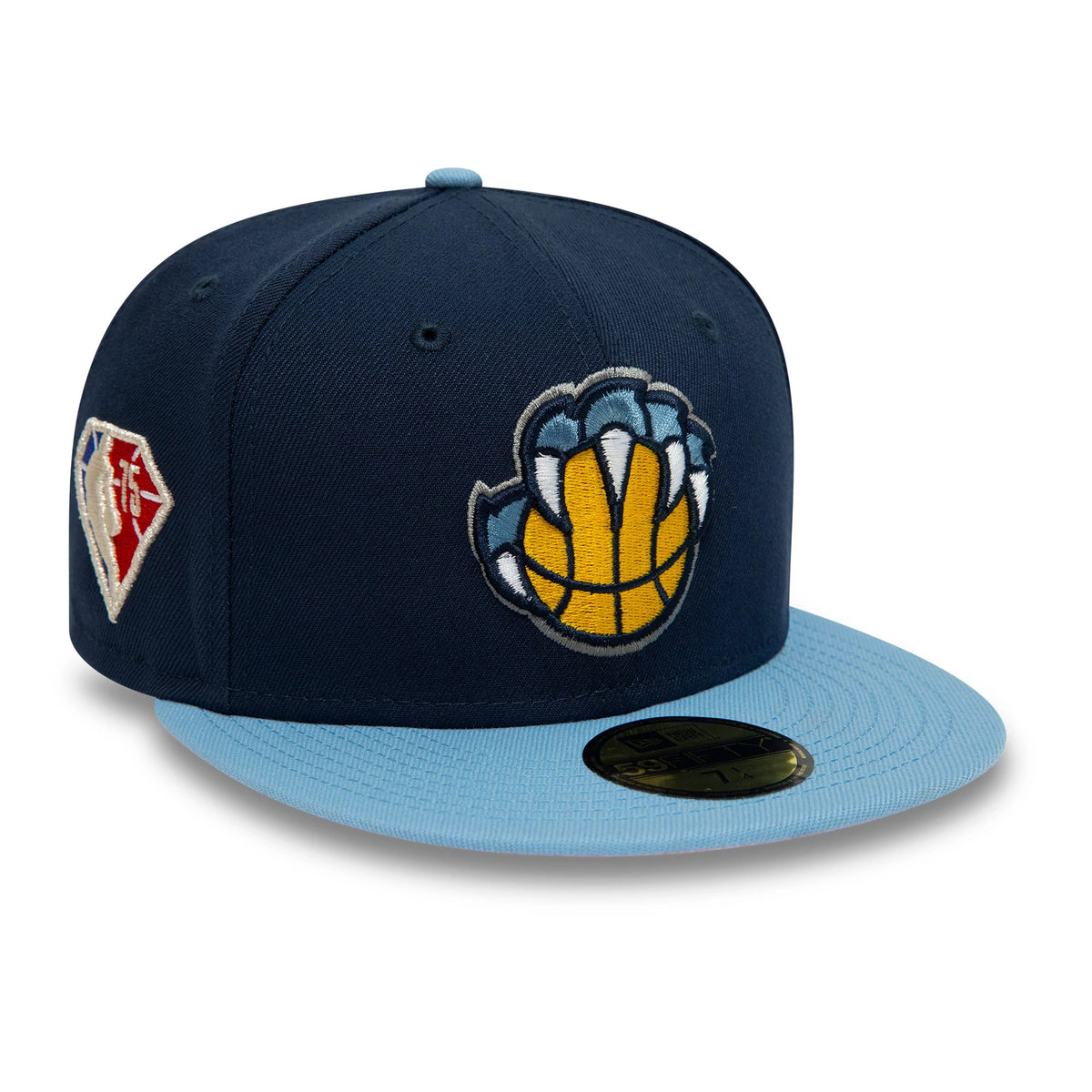 Memphis Grizzlies NBA Side Patch Dark Blue New Era 59FIFTY Fitted Cap, three-quarter view showing the yellow and blue embroidered bear claw logo on the front panel, light blue flat visor, and a gold 59FIFTY size sticker on the visor.