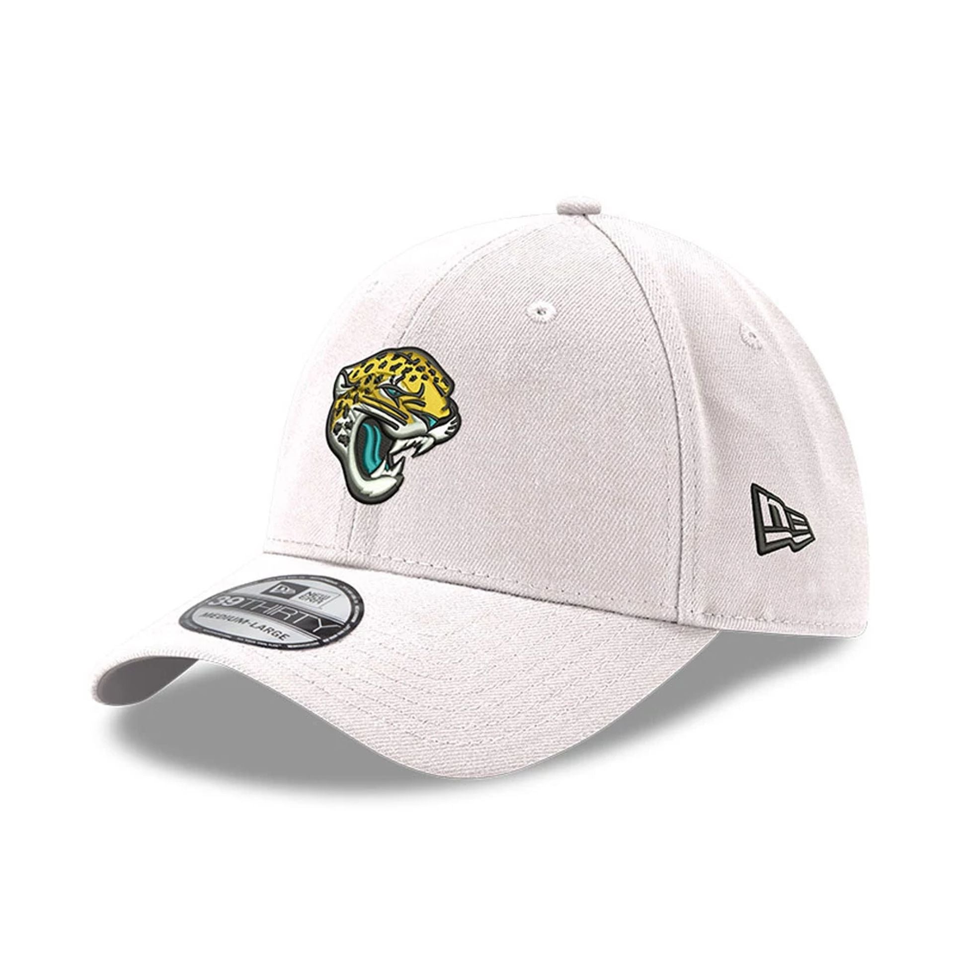 This is a Jacksonville Jaguars NFL White 39THIRTY Stretch Fit Cap 1