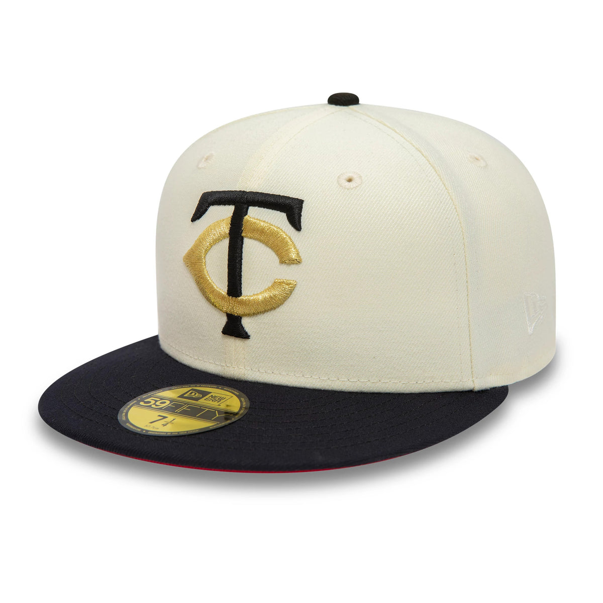 Minnesota Twins MLB White New Era 59FIFTY Fitted Cap, front view showing black and gold raised embroidered TC logo on the structured white crown, with a black flat visor and gold 59FIFTY size sticker on the upper side of the visor.