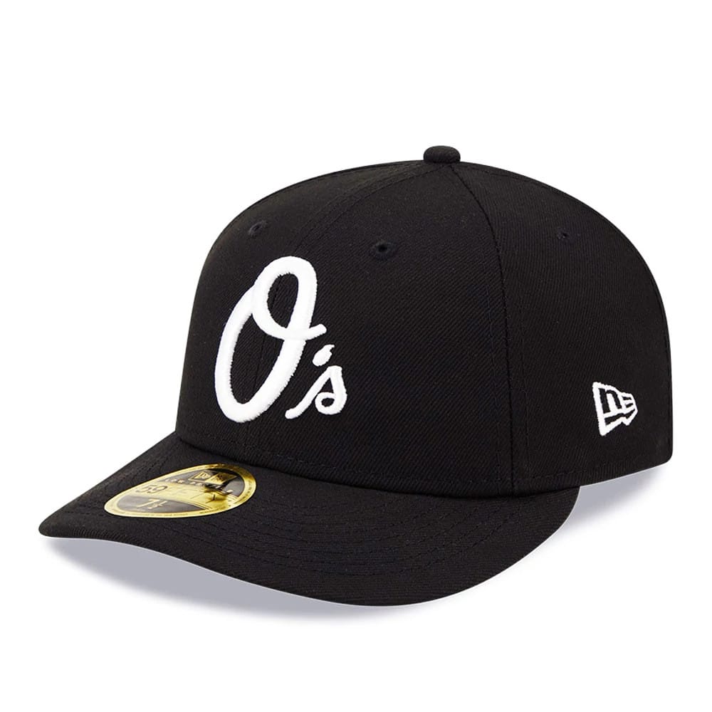 Baltimore Orioles MLB Black Low Profile New Era 59FIFTY Fitted Cap, front view showing the white embroidered O's logo on the front panel, black curved visor with a gold 59FIFTY size sticker, and the New Era flag logo on the left side.