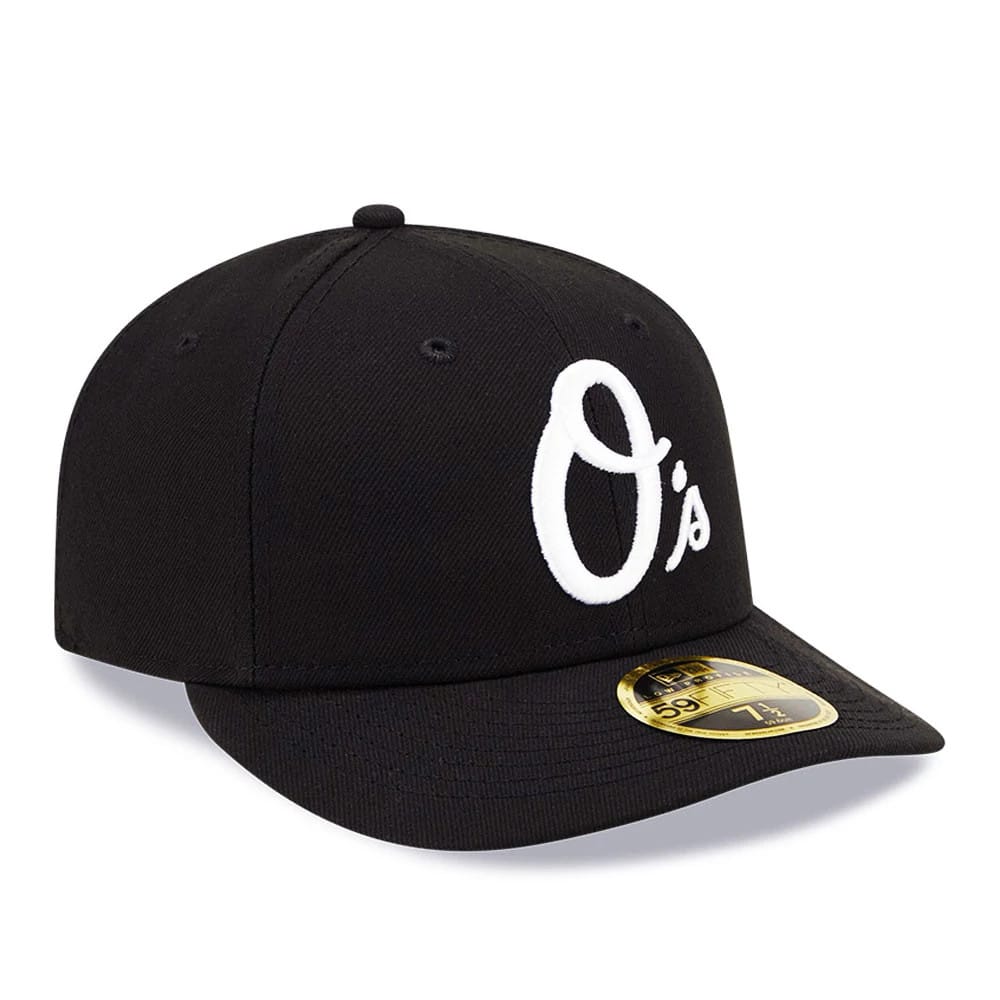 Baltimore Orioles MLB Black Low Profile New Era 59FIFTY Fitted Cap, front view showing the white embroidered O's logo on the structured black crown, paired with a matching black visor and featuring the gold 59FIFTY size sticker on the visor.