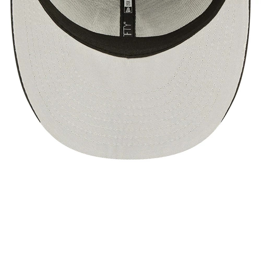 Baltimore Orioles MLB Black Low Profile New Era 59FIFTY Fitted Cap, inside view showing the grey undervisor with black edge, black taping with white 59FIFTY branding, and needlework on the panel seams.