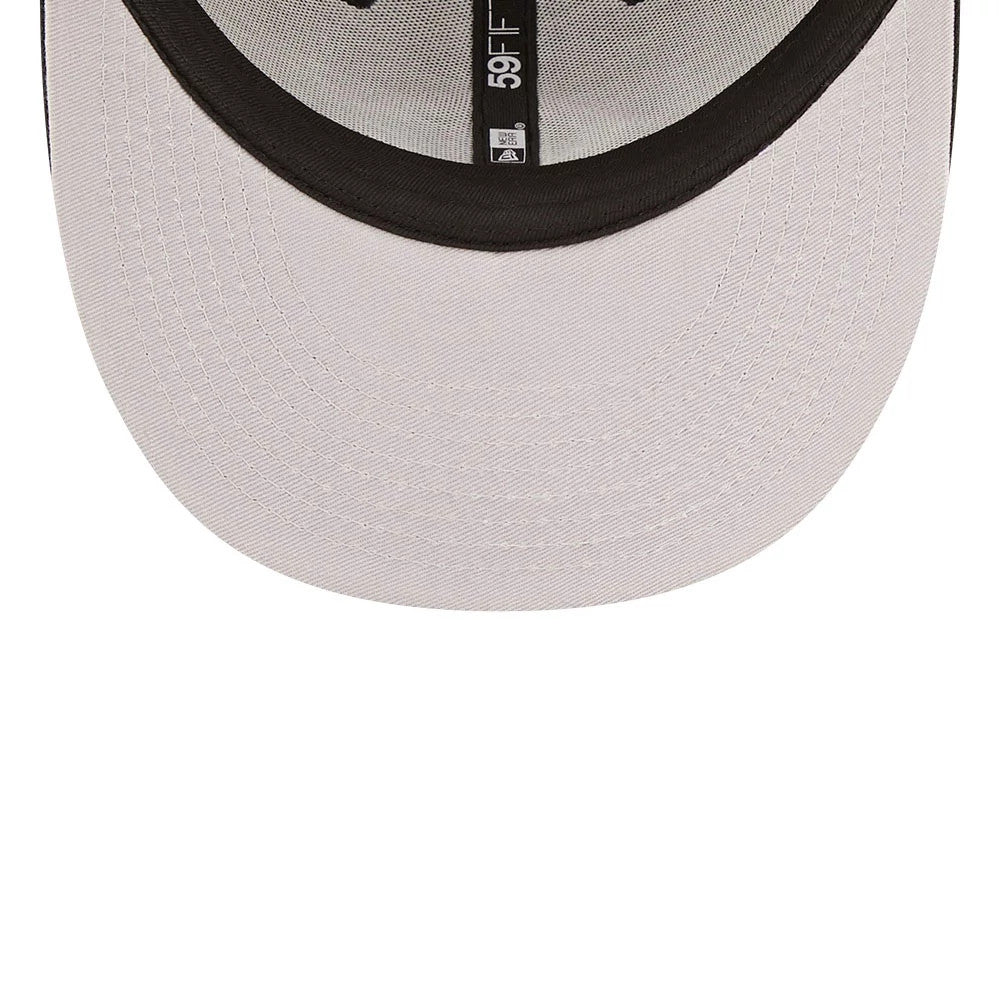 Cincinnati Reds MLB Black Low Profile New Era 59FIFTY Fitted Cap, inside view showing a black sweatband, black taping with 59FIFTY branding, and a contrasting light grey undervisor that highlights the structured interior details.