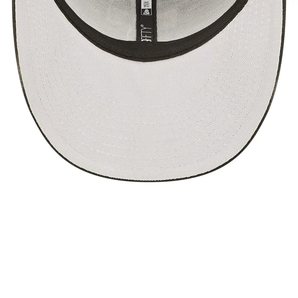 Minnesota Twins MLB Black Low Profile New Era 59FIFTY Fitted Cap, inside view showing a white undervisor with black edge, black taping featuring New Era branding, and a structured finish with neat stitching.